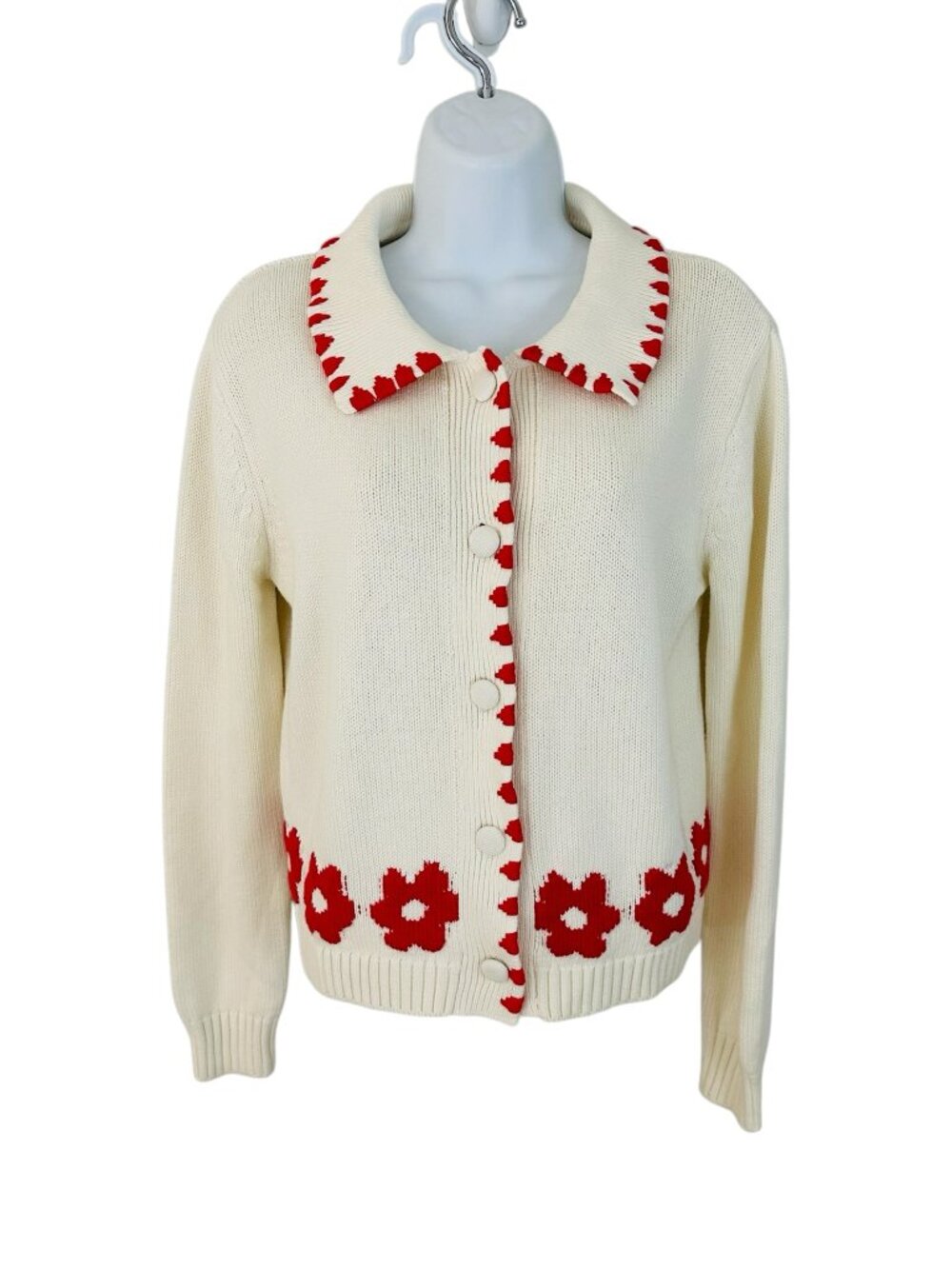 Elie Tahari Women's Size S Floral Collared Ivory Red Cardigan Sweater NEW